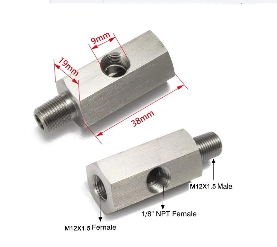 Oil Pressure Sensor Connector Feed Line Gauge Tee Adapter Stainless Steel Side Holes Female To M12 M10 M14 1/8NPT1-8BSPT 1/4NPT