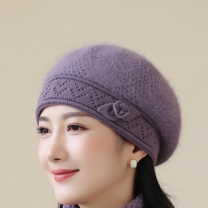 Chapeau d'hiver Béret en poils de lapin Pour les personnes âgées Chapeau thermique épais empilé Chapeau tricoté