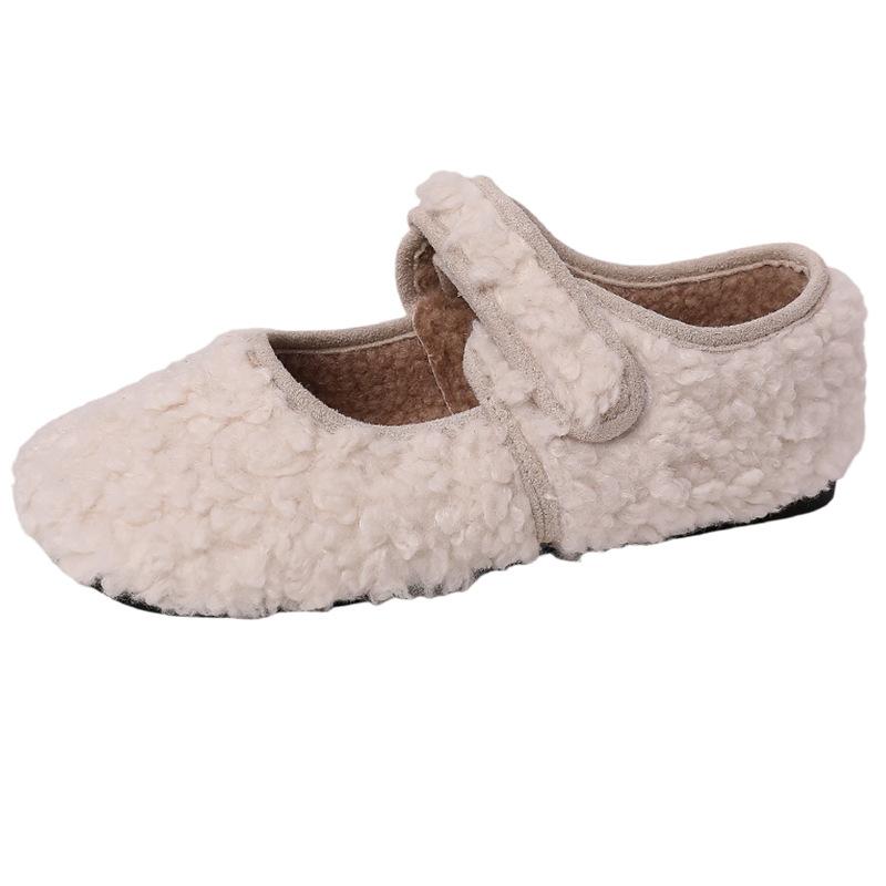 Korean gentle wind plush one-word with fluffy shoes women's 2025 winter new one-word outer wear casual flat shoes
