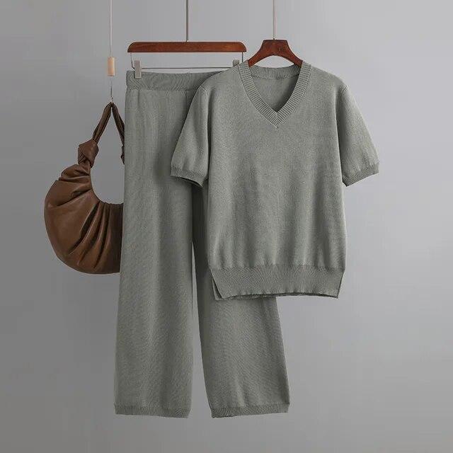 Basic V Neck Spring Summer Women T Shirt Set Fashion Knit Loose Casual Two Piece Short Sleeves Tracksuit Ladys Pant Suit