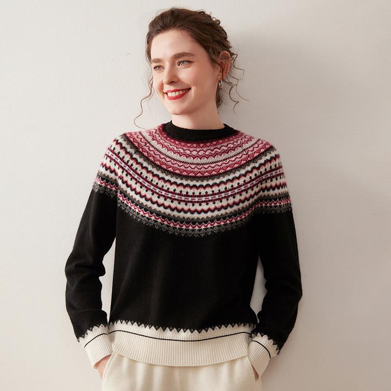 2025 Autumn/Winter Fair Isle Color Block Cashmere Women's Loose Fit Slimming Sweater