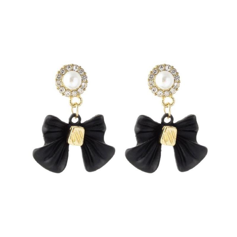 Black Bow Rhinestone 925 Silver Needle Luxury Vintage Drop Earrings For Women