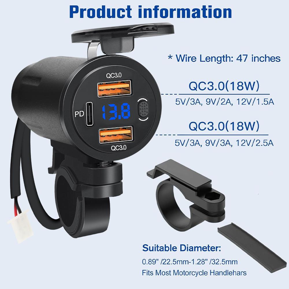 Motorcycle USB Fast Charger Waterproof Type C Port Socket Connector with Voltmeter Digital Charge 12V Power Adapter