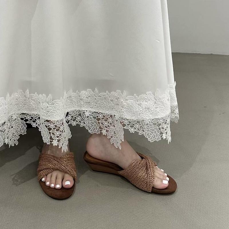 Fashion SUOJIALUN 2025 Summer New Brand Women Slipper Fashion Weave Open Toe Slip On Slides Low Wedge Heel Outdoor Dress Casual Sandal