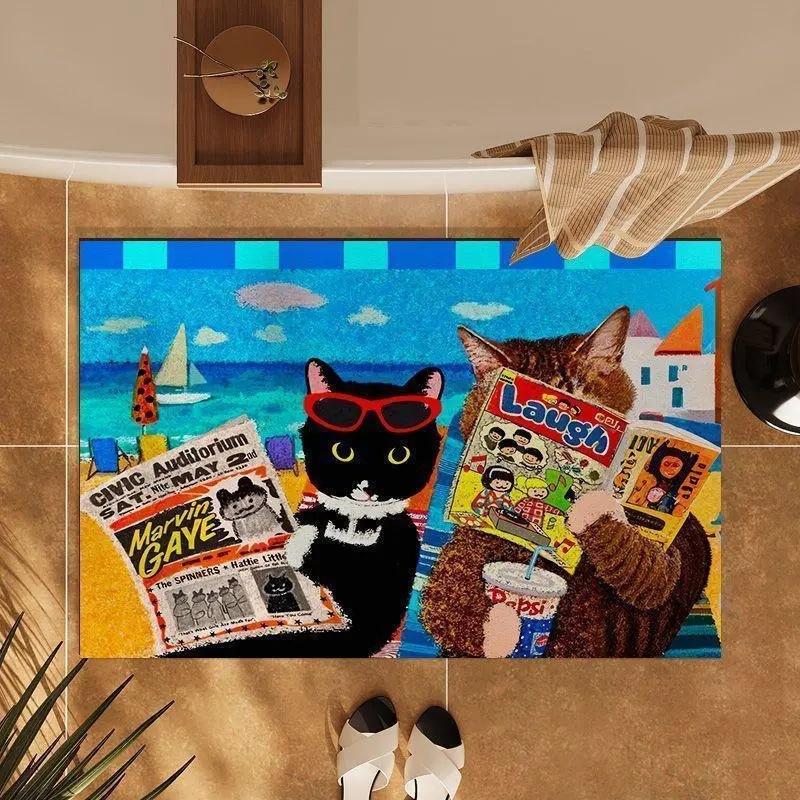 Cats Stage Party Oil Painting Art PVC Coil Doormat Cuttable Anti Slip Entrance DoorMat Dirt Sand Trapping Shoe Scraper Floor Rug