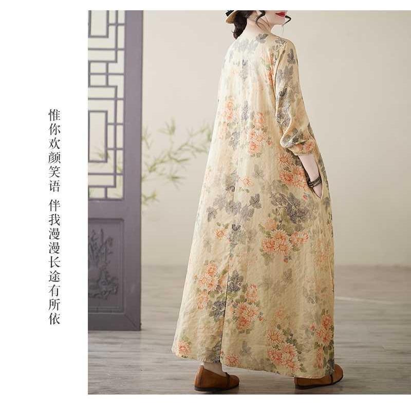Printed Round Neck Loose Plus Size Long Sleeve Plus Size Vacation Dresses