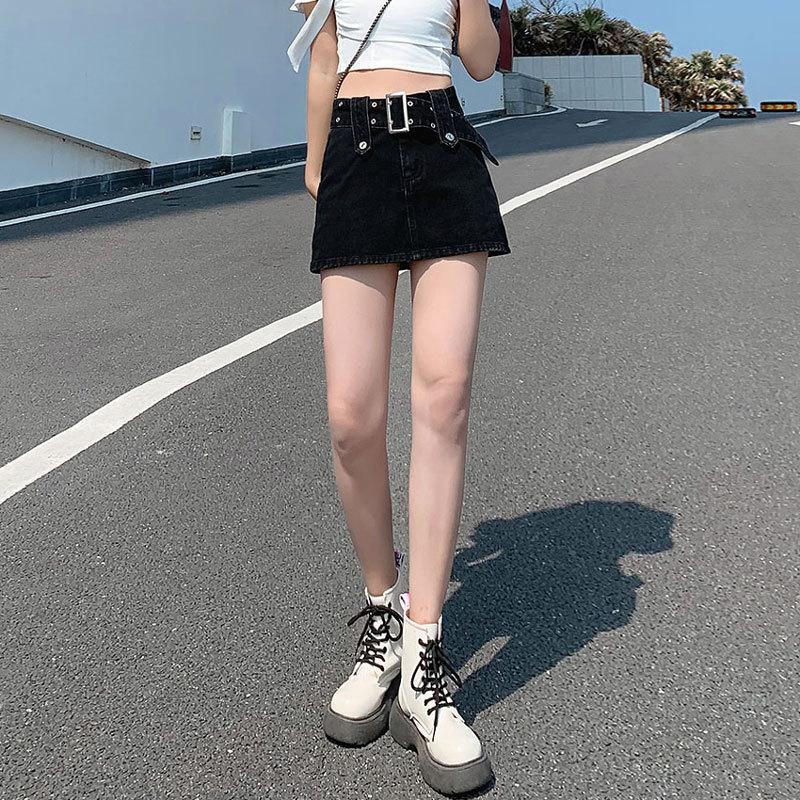 Klassischer, vielseitiger, tragbarer, strapazierfähiger schwarzer Rock mit hoher Taille, dünne, sexy A-Linien-Bustierhose, Paket-Hüftrock, Damen-Sommermode, kurzer Jeansrock