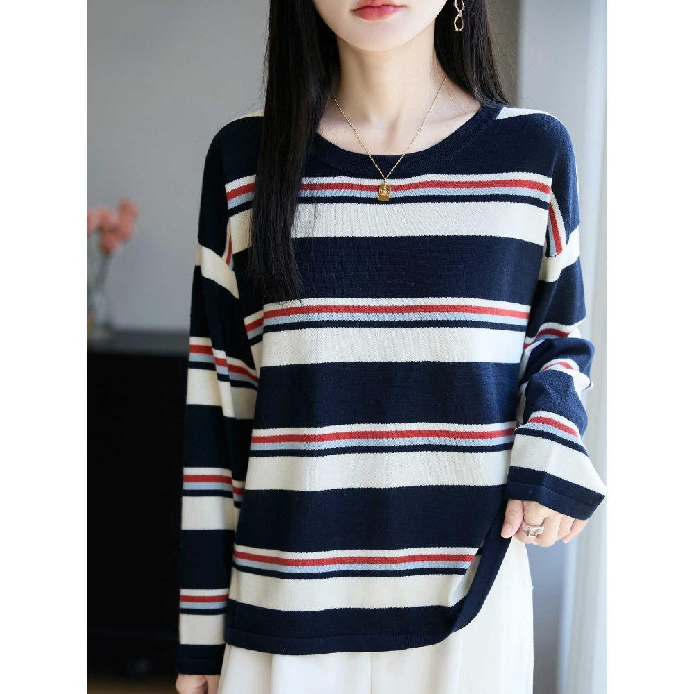 

Многоцветный полосатый вязаный свитер, женский пуловер с длинными рукавами и круглым вырезом свободного кроя, базовый слой, свитер в стиле ретро L