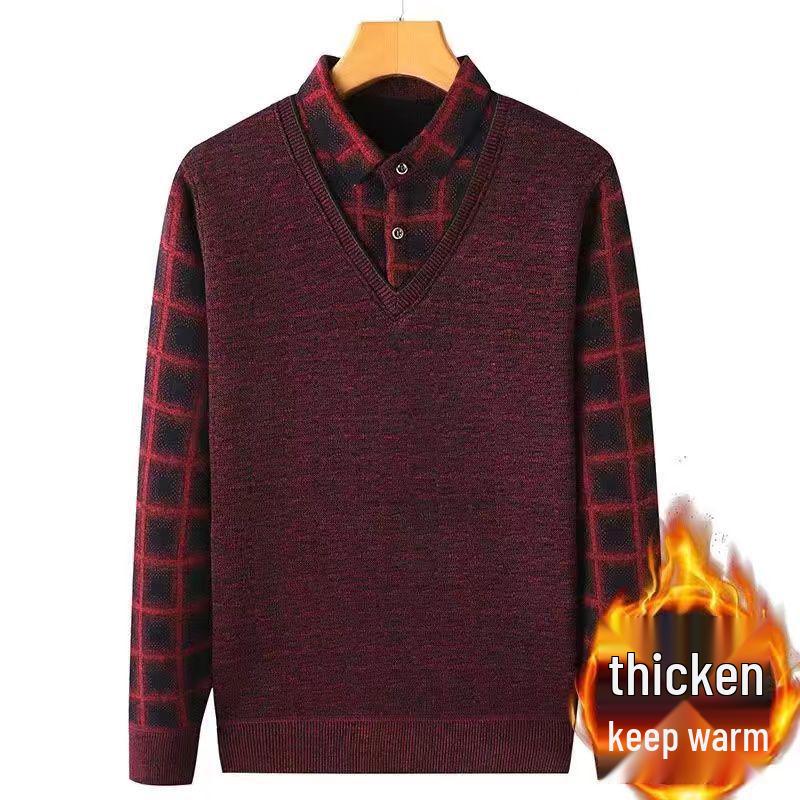 Men's Mid-Age & Senior Plus Velvet Thick Sweater - New Faux Two-Piece Winter Top