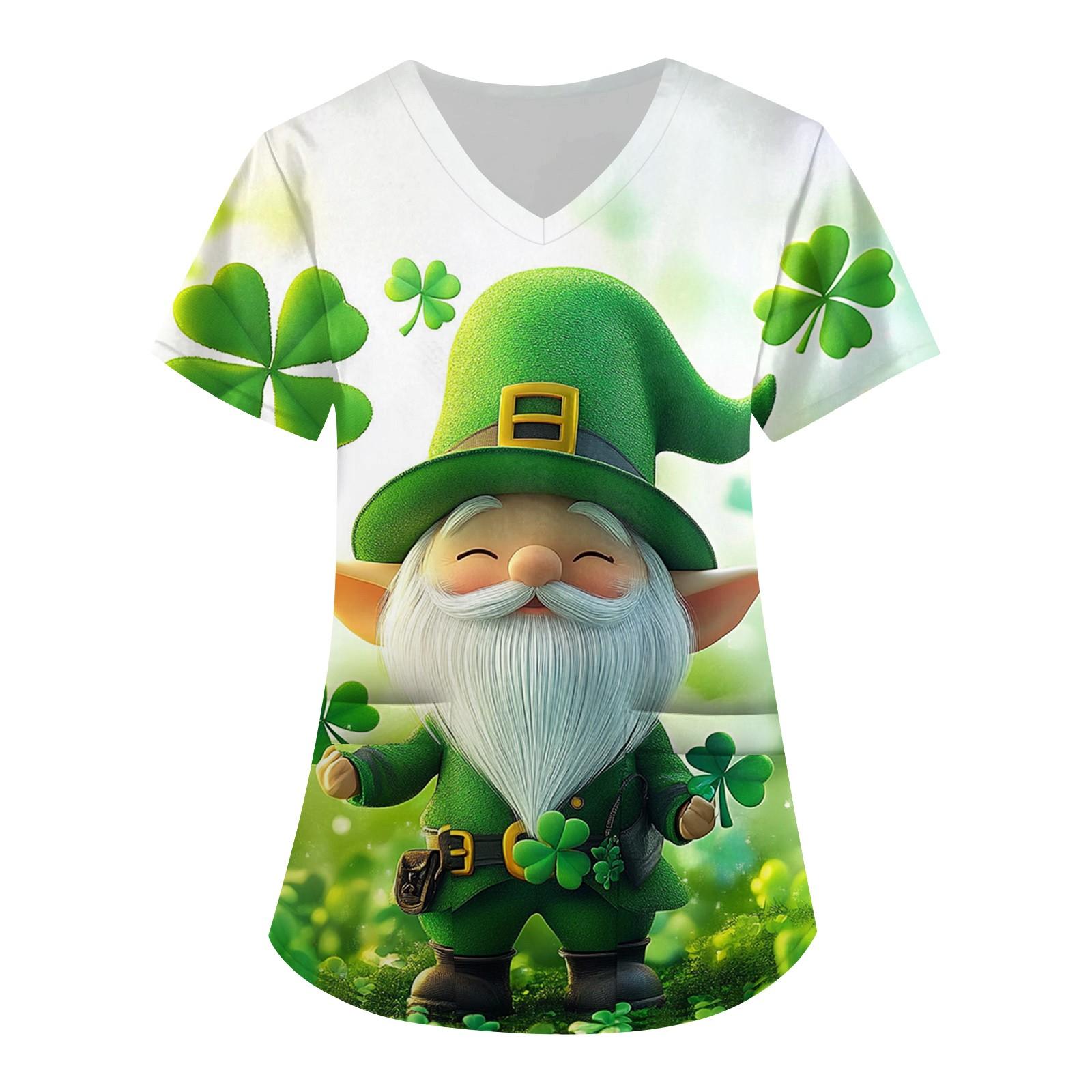 

Женская симпатичная рабочая одежда с принтом, V-образным вырезом, двухслойными карманами, базовым коротким рукавом, пуловером St.. День Патрика XL белый