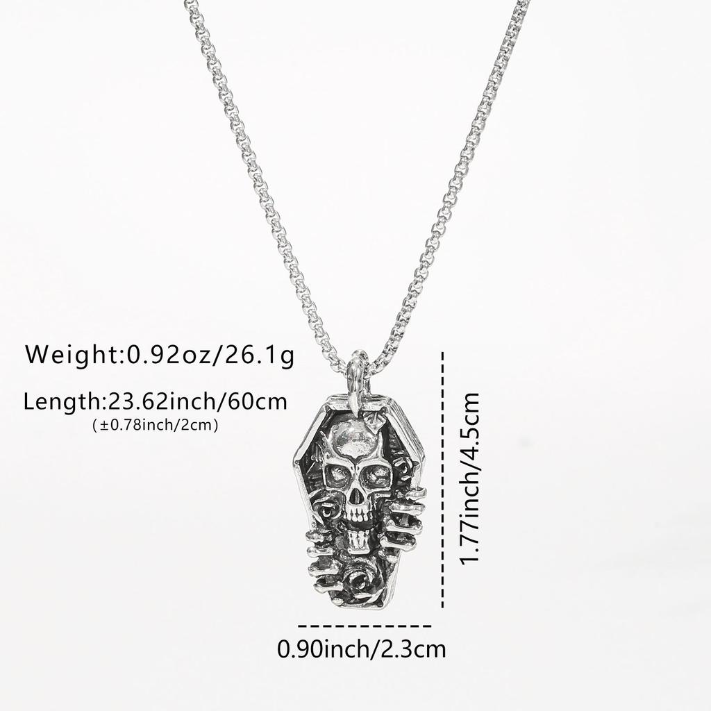 Coffin-Shaped Skull Pendant Necklace with Stainless Steel Chain