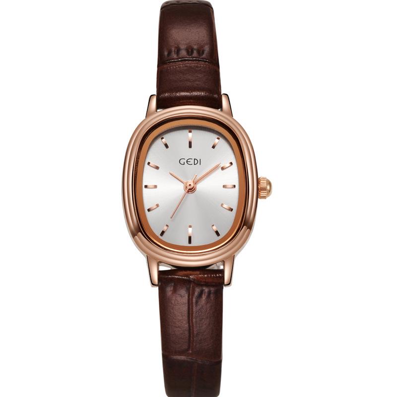 Godi Retro Oval Ladies’ Waterproof Quartz Watch with Genuine Leather Strap
