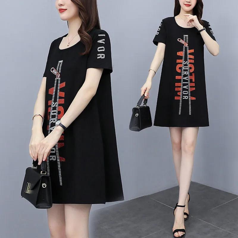 Casual Fashion Printed Midi Dress Summer Short Sleeve All-match Women's Clothing Round Neck Korean Loose A-Line Waist Dresses