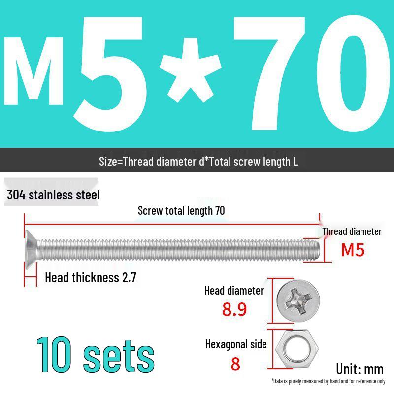304 Stainless Steel Extra Long Phillips Flat Head Screws and Nuts Set (2M, 3M, 4M)