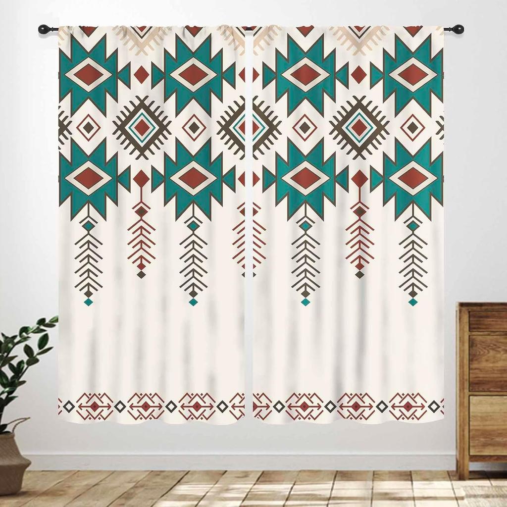 Western Cow Skull Curta,Beige Southwestern Bohemian Geometric Pattern Native Aztec Longhorn Head Cowboy Farmhouse Country