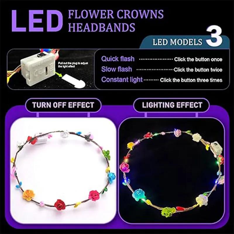 10 bucăți LED Coroane de flori Bentite Coroana de flori luminoase Ghirlanda de flori Tochiu de cap Floral Piese de cap pentru femei Fete Accesorii pentru păr