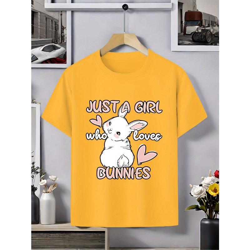 European Sizes Girls' Cute Bunny & Hearts Print T-Shirt - "Just a Girl Who Loves Bunnies" Slogan, Soft Knit Round Neck Summer Top