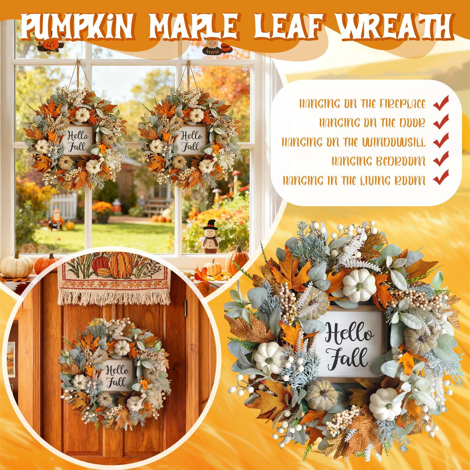 

Pumpkin Maple Leaf Wreath With Berry Wood Sign Front Door Autumns Door Hanging Decoration Thanksgiving Harvests Festival One Size