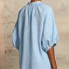 Robe d'été en coton et lin pour femme Robe tunique longue décontractée à manches courtes bouffantes Fermeture éclair Col rond Coupe ample Robe de vacances avec poches
