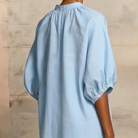 Robe d'été en coton et lin pour femme Robe tunique longue décontractée à manches courtes bouffantes Fermeture éclair Col rond Coupe ample Robe de vacances avec poches