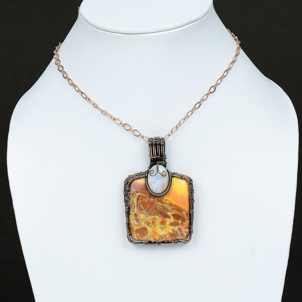 Maligano Jasper Copper Pendant Wire Wrapped Pendant Rainbow Moonstone Gemstone Jewelry Handmade Pendant Copper Wire Jewelry Anniversary Gift