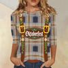 Women's Casual Plaid Three Quarter Sleeve Shirt Oktoberfest Print Round Neck Top Lightweight Soft Fabric Comfortable Fit