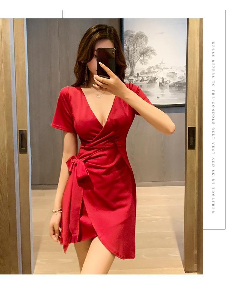 Night club style slim dress waist temperament small skirt low chest deep V neck backless irregular work clothes
