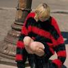 Men's Winter Red and Black Striped Seahorse Wool Sweater - Cozy, Knitted, Lazy Style, Imitation Mink Wool, Perfect for Couples