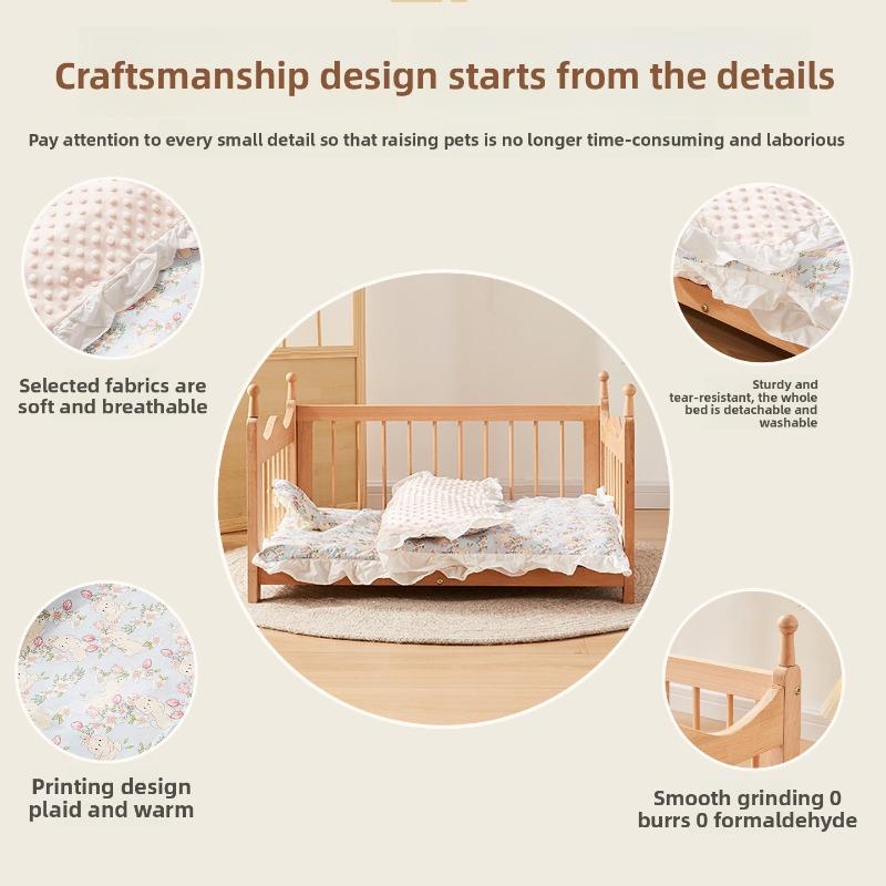 Buchenholz Hundebett Atmungsaktiv Erhöhtes Haustierhaus für Kleine & Mittlere Hunde Ganzjahres Hundehütte Kronen-Design Welpen Prinzessin Betten