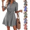 Women's Casual Bubble Sleeve Striped Dress V Neck Button Front Waist Drawstring Relaxed Fit Mini Dress