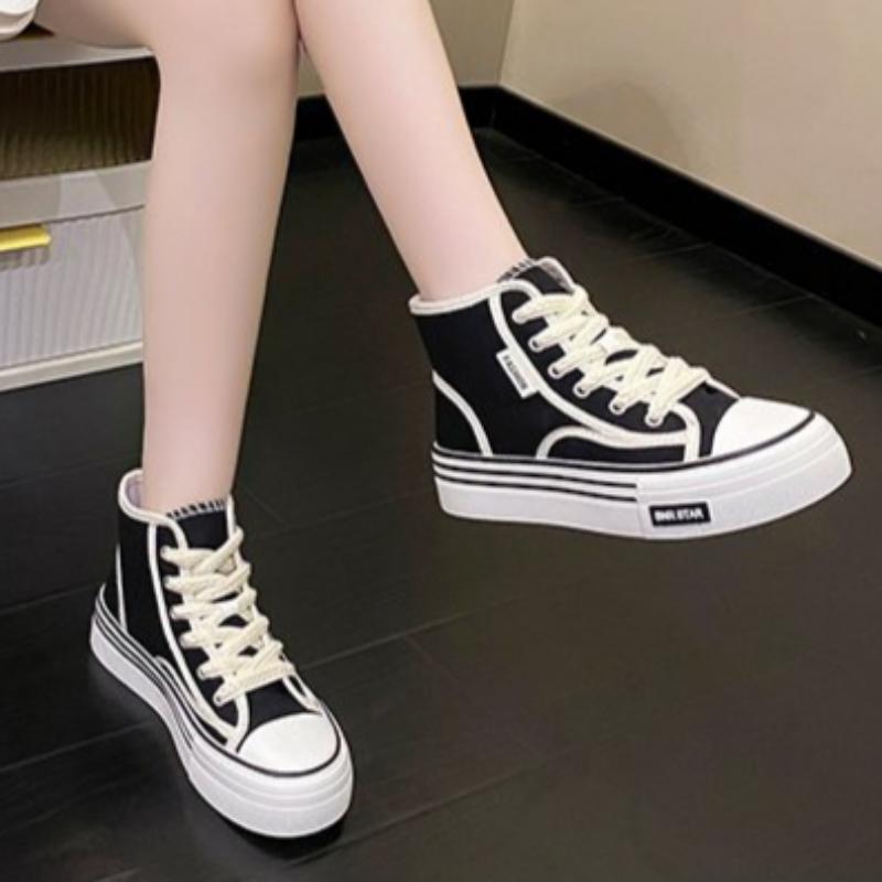 Spring, Summer, Autumn and Winter Women's Shoes Women's Sneakers Canvas Shoes Mid-cut Round Toe Lace-up Casual All-match Shoes