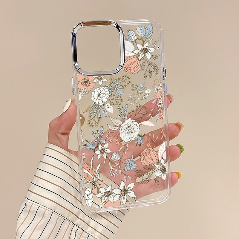 Plating Lens Frame Flowers Love Heart Phone Case For iPhone 16 15 14 13 12 Pro Max Plus 11 Clear TPU Shockproof Cover