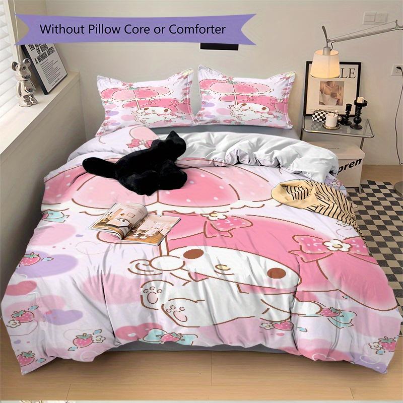 3pcs Strawberry My Melody Quilt Cover Set (1 Quilt Cover + 2 Pillowcases Without Pillow Core), High-Definition Printing for Home and Dormitory.W1