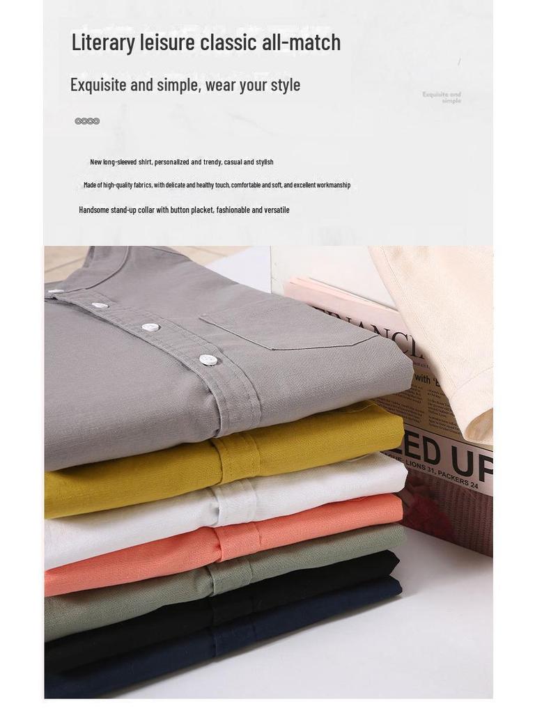 Herren Langarm Baumwoll-Leinen Hemd mit Chinesischem Stehkragen und Tasche - Schlichte, bequeme Freizeitjacke