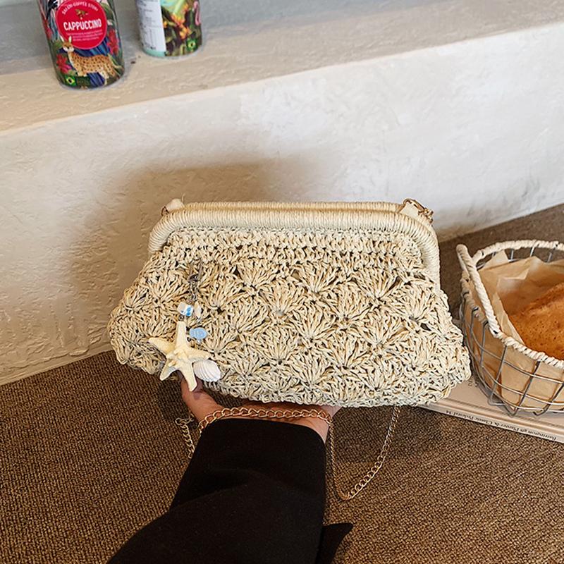 Yogodlns Women Straw Shoulder Bag Chain Strap Woven Crossbody Bags Large Capacity Cloud Clutch Purse Stylish Solid Color Beach Handbags