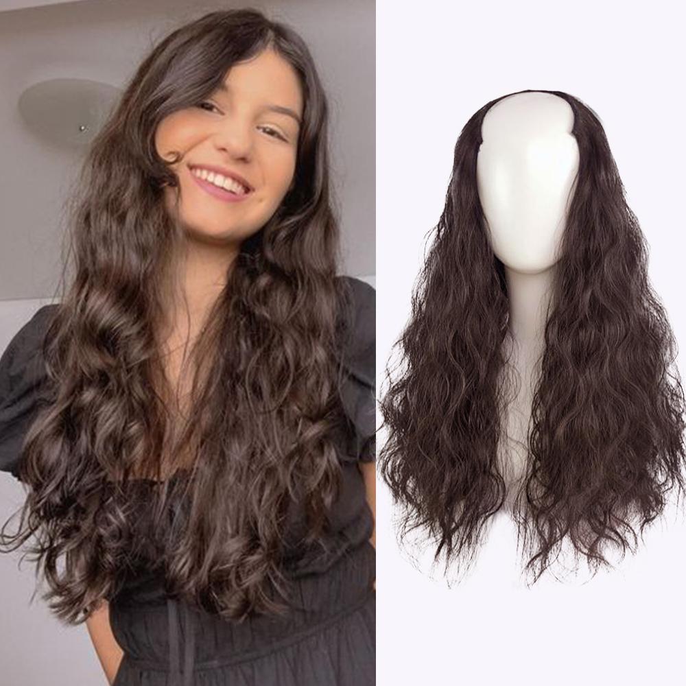 Bybrana V-formede hårforlengelser vann krusninger svart brunt syntetisk hår parykker