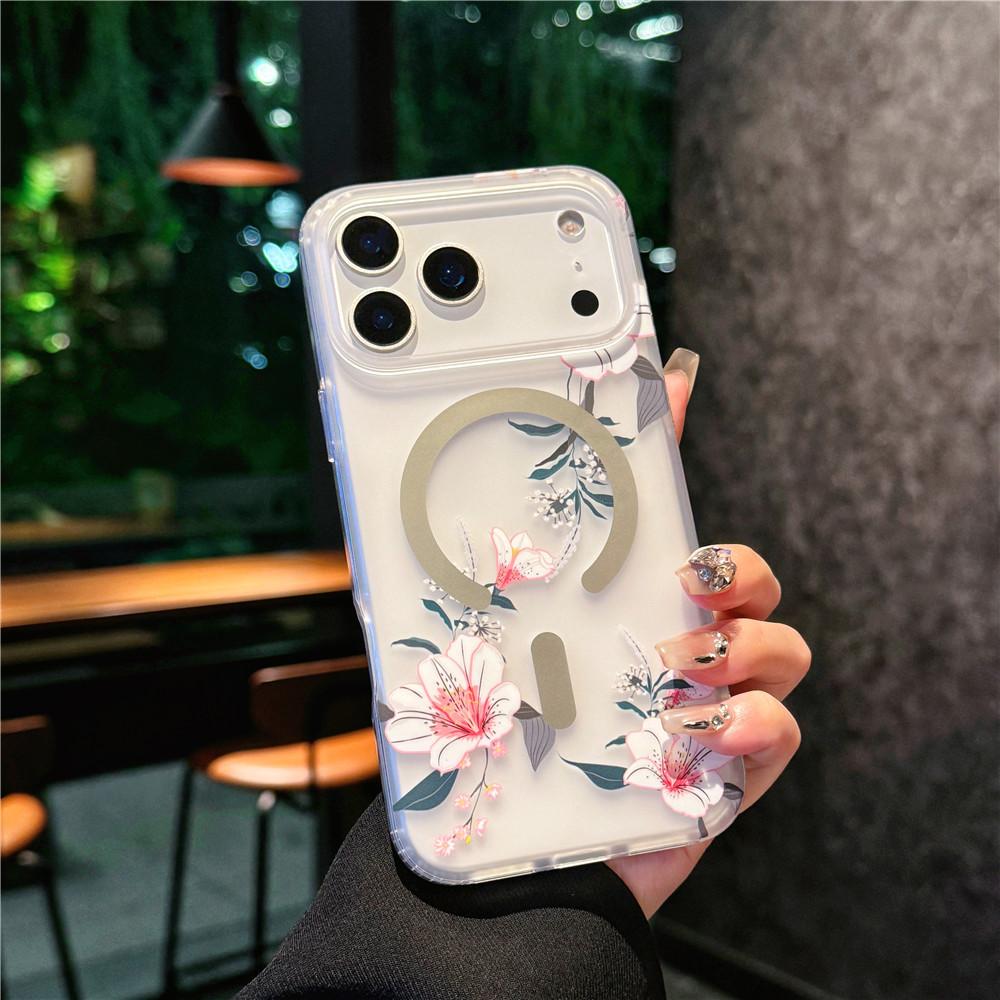 Suitable for iPhone 17 Promax Phone Case, Apple 17 Matte Skin Texture Flower 17 Pro Semi Transparent Magnetic Suction Case