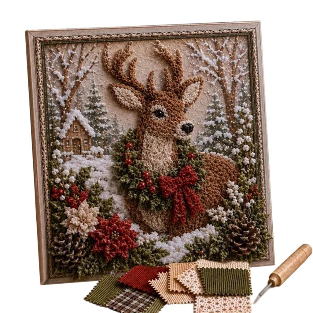 3D Christmas Handmade Fabric Poke Art Kit with Wreath Design: DIY Holiday Craft with Simple Illustrated Guide Vintage Seasonal Decoration for Adults