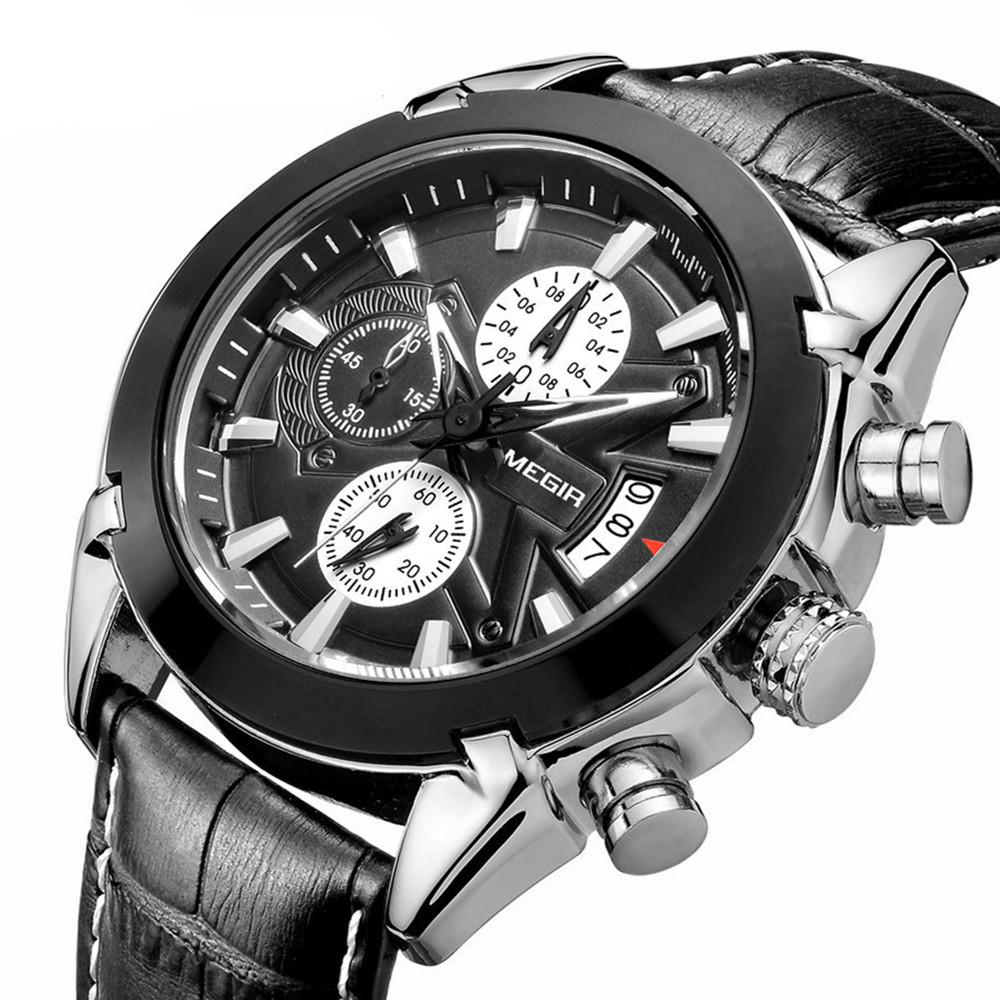 MEGIR Brand Fashion Sport Watch for Men 47MM Big Dial Clock Waterproof Casual Quartz Wristwatch Leather Strap Chronograph 2020
