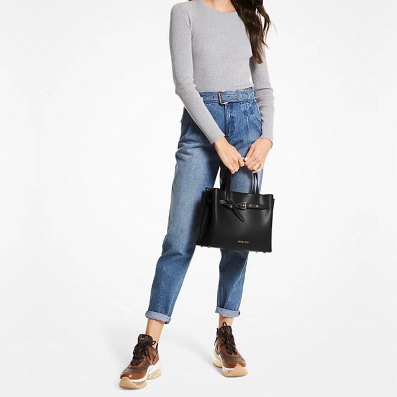 Michael Kors Emilia einfarbig Logo geflochtener Reißverschluss Pendler genarbtes Leder Ein-Schulter-Crossbody-Handtasche große Größe Damen rein Schwarz groß