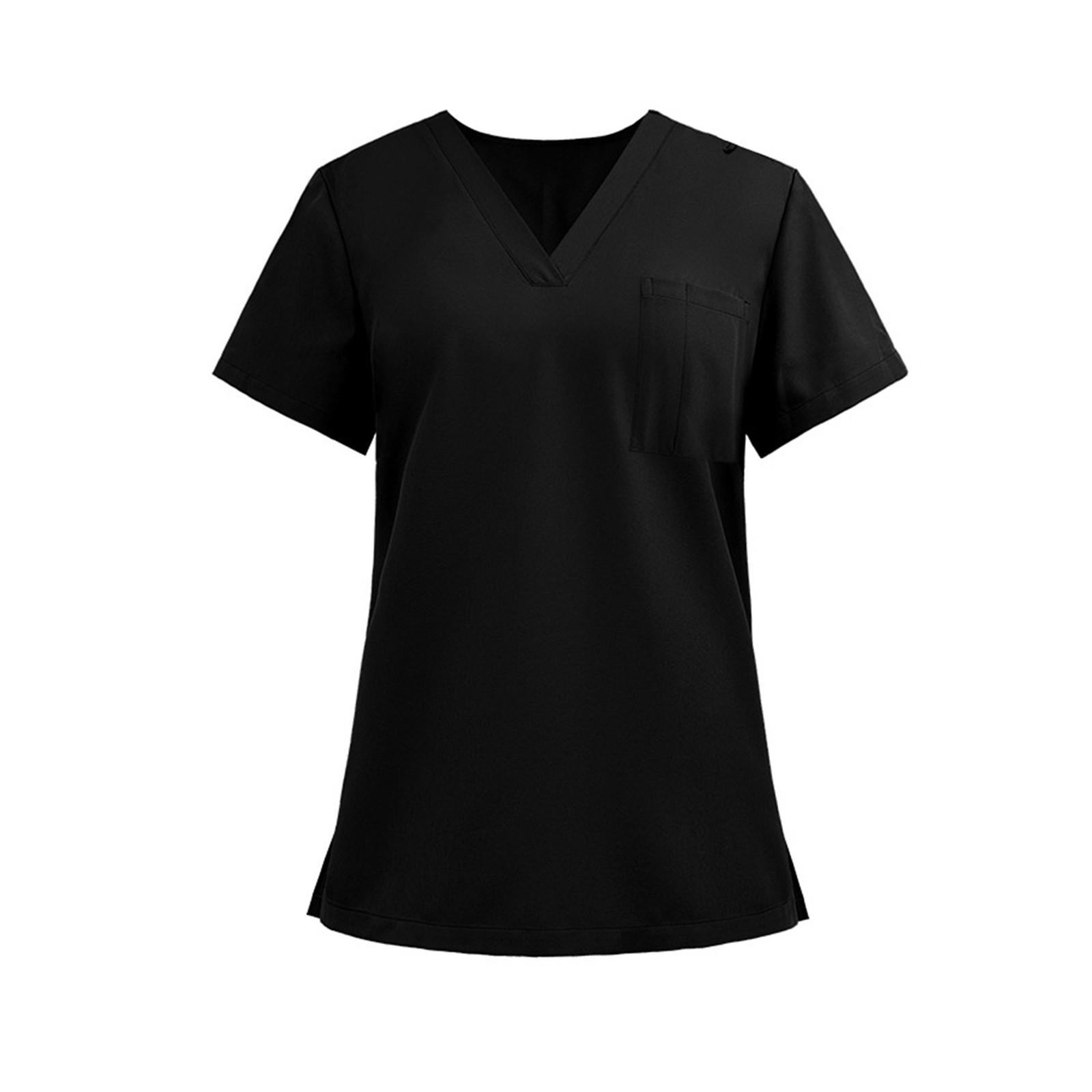 

Женская легкая однотонная рубашка с V-образным вырезом, карманами по бокам и короткими рукавами XL чёрный