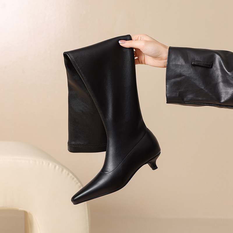 Krazing Pot Cow Skin Autumn Winter Shoes Low Heels Elastic Boots Big Size 46 Women Keep Warm Over-the-knee Boots