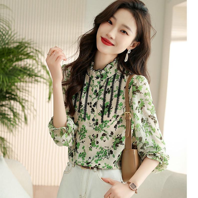 Print Chiffon skjorte våren nye kvinner langermet volanger bluse mote topp