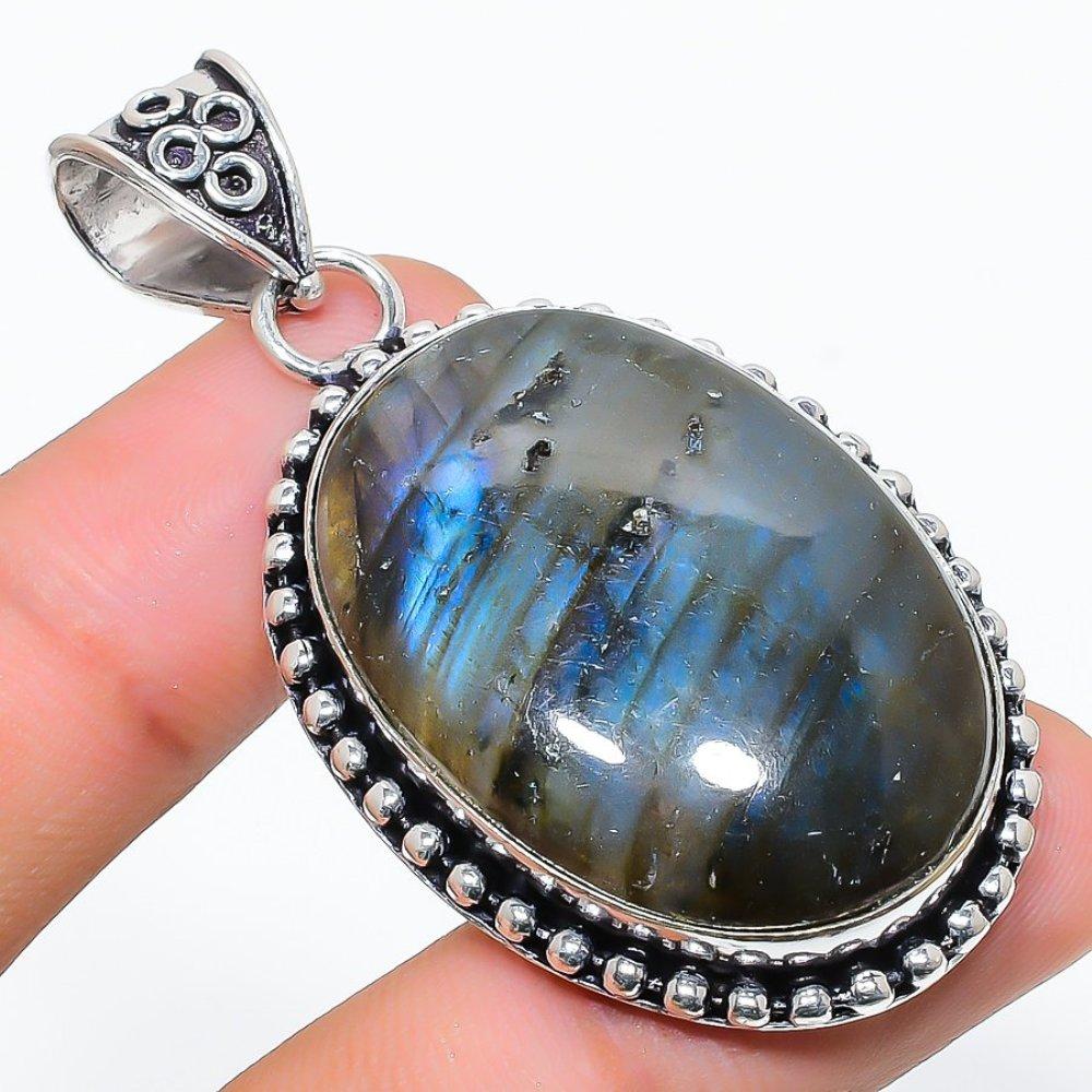 Naturalny Kamień Labradoryt Ręcznie Robiony Srebro Próby 925 Wisiorek 2,21" R7f33