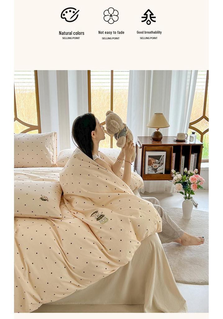 Washable Cartoon Cotton Embroidery Duvet, Bed, and Fitted Sheet Set - Soft, Fluffy Cloud Design for Dormitories.