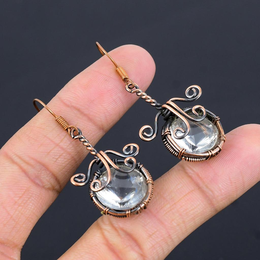 White Topaz 999 Copper Wire Wrapped Earrings, Handmade Gemstone Jewelry Earrings For Memorial Day