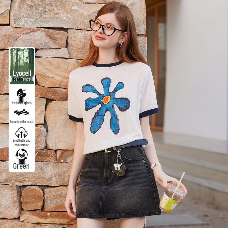 Bailuyu Tencel Blend Floral Print Short Sleeve T-Shirt XL