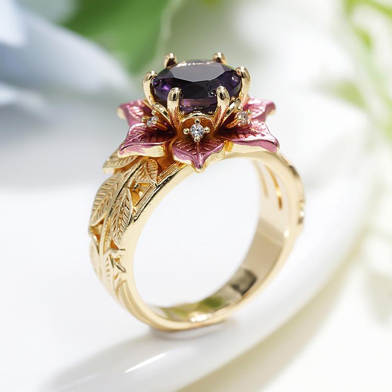 Huitan Flower Design Two Tone Ring for Women Fashion Party Wedding Luxury Accessories Inlaid Purple CZ Elegant Party Jewelry