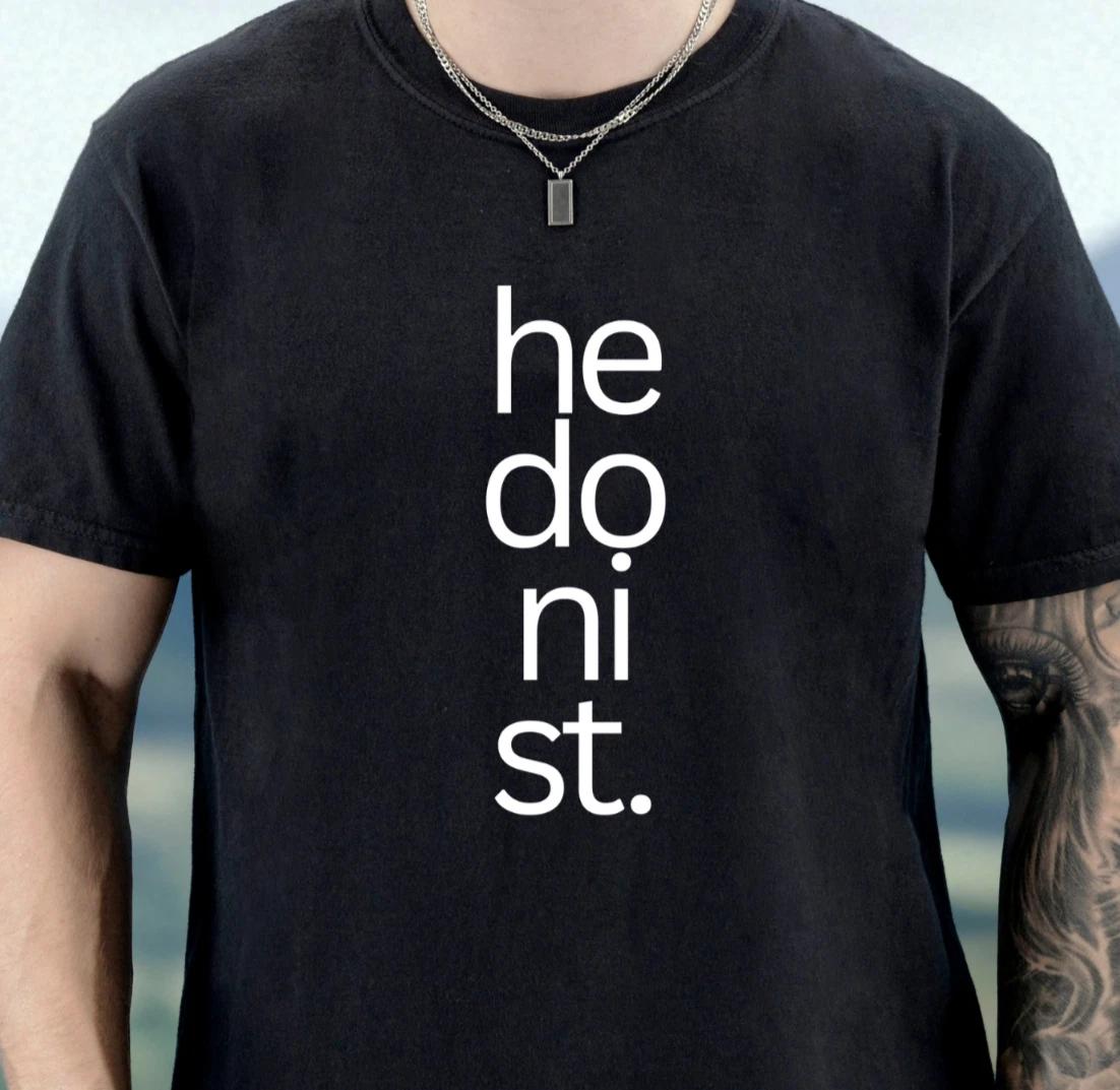 hedonist vertical text T-Shirt | Minimalist Typography Shirt, Vacation Tee 3XL