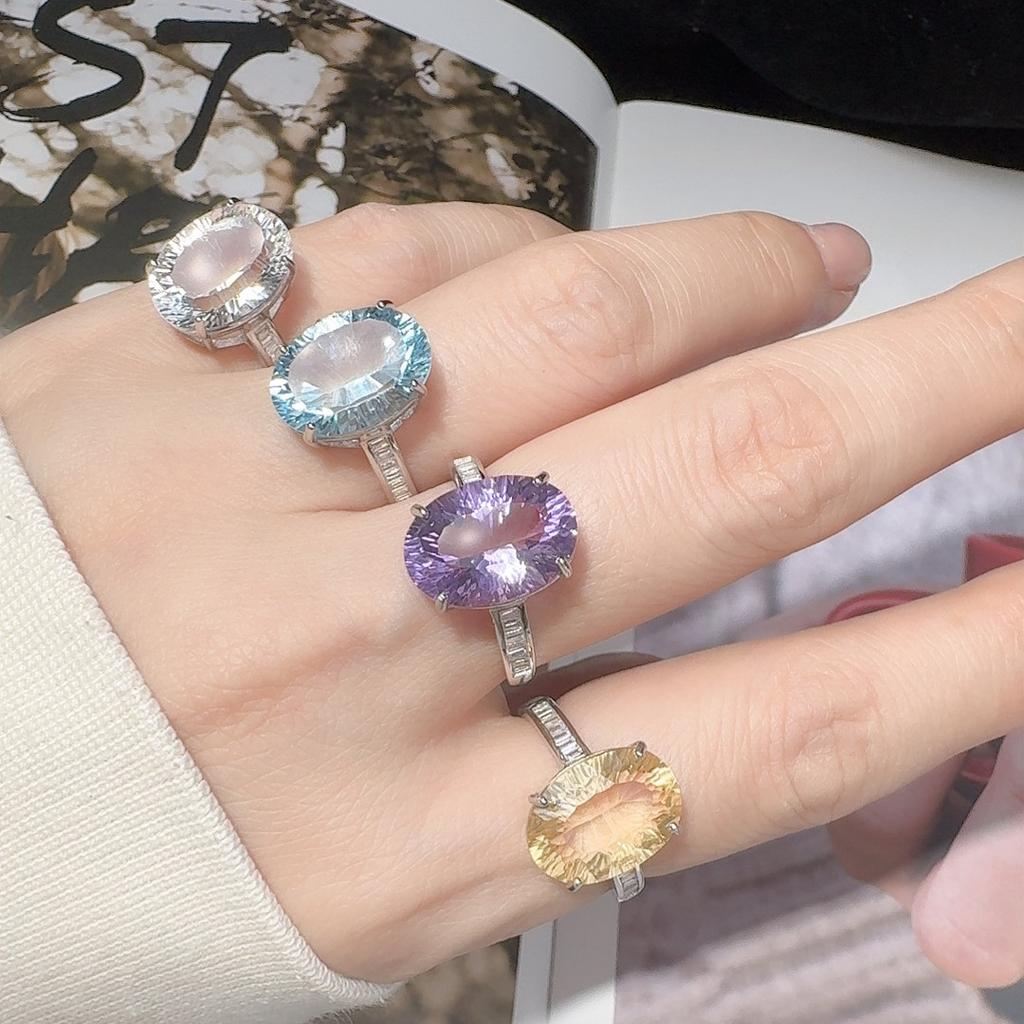 Amethyst S925 Sterling Silver 18K Gold Natural Color Treasure Ring Light Luxury Premium Index Finger Ring Energy Jewelry